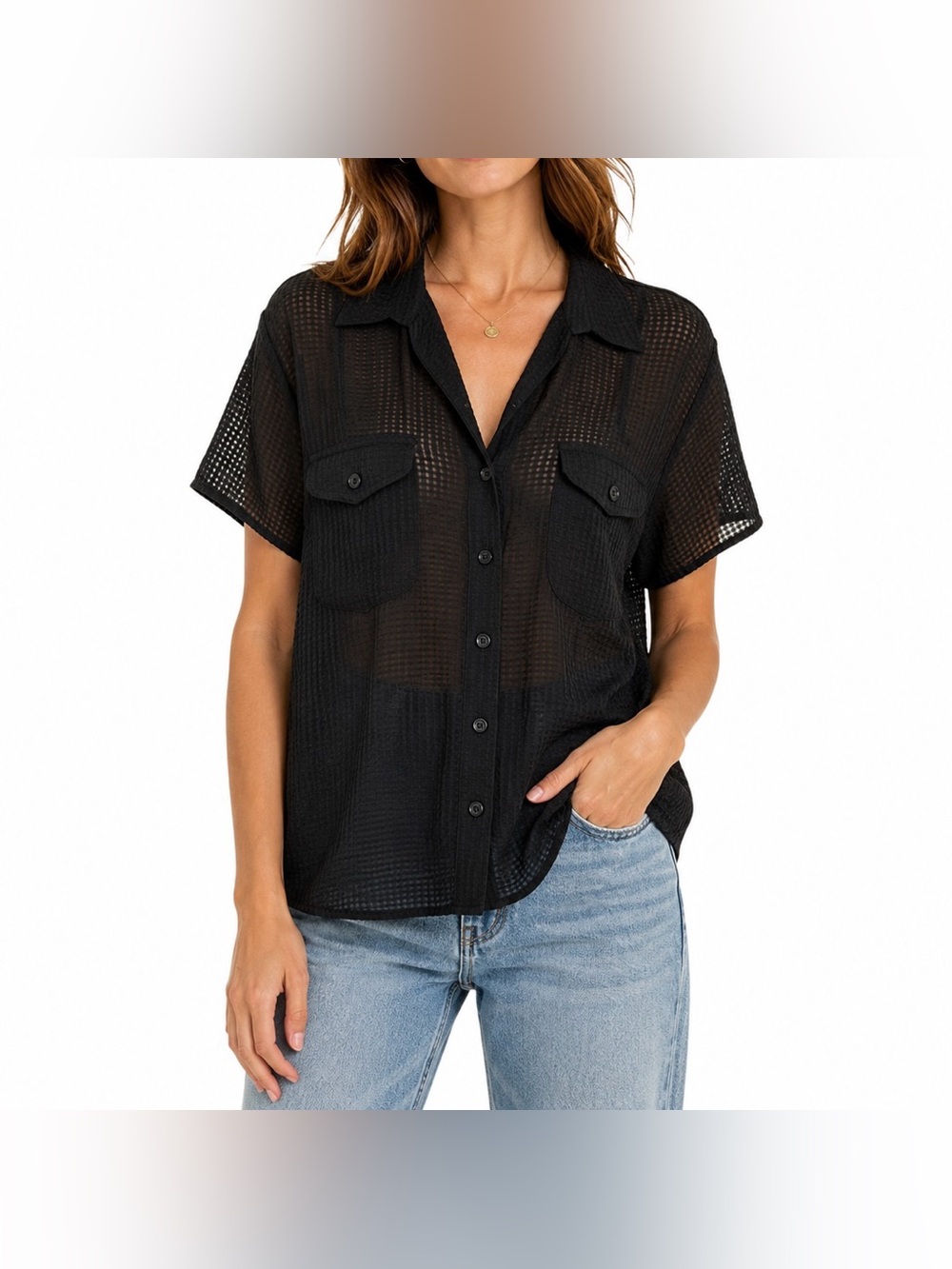 Vintage Sarah Bentley Black Sheer Textured Button Front Blouse Size Large